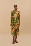 Farm Rio Active Beige Tropical Isla Padded Shoulders Midi Dress In Tropical Isla Beige