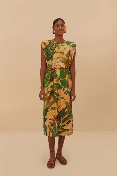 Farm Rio Active Beige Tropical Isla Padded Shoulders Midi Dress In Tropical Isla Beige