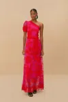 Farm Rio Active Bicolor Guipure One-shoulder Maxi Dress In Red