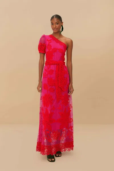 Farm Rio Active Bicolor Guipure One-shoulder Maxi Dress In Red