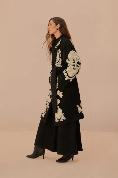 Farm Rio Black And White Helen Fleece Coat In Helen Black