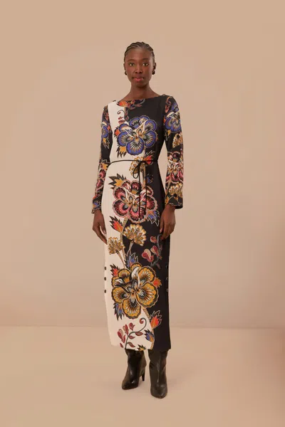 Farm Rio Black And White Maxi Floral Lenzing Ecovero Viscose Midi Dress In Maxi Floral Off-white
