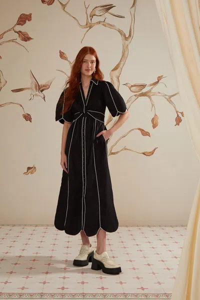 Farm Rio Black And White Short Sleeve Midi Dress