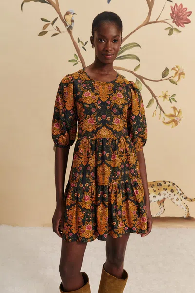 Farm Rio Black Arabesque Floral Puff Sleeve Mini Dress In Arabesque ...