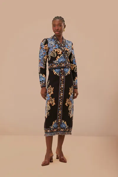 Farm Rio Black Blossom Tapestry Knit Skirt In Multi