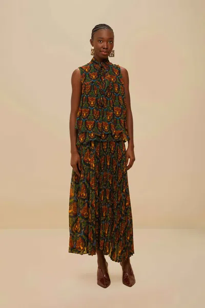 Farm Rio Active Black Boho Panther Pleated Maxi Skirt
