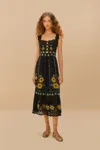 Farm Rio Active Black Cross Stitch Sunflower Richelieu Lenzing Ecovero Euroflax Midi Dress