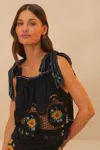 Farm Rio Active Black Daisy Embroidery Lenzing Ecovero Euroflax Blouse