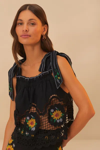Farm Rio Active Black Daisy Embroidery Lenzing Ecovero Euroflax Blouse
