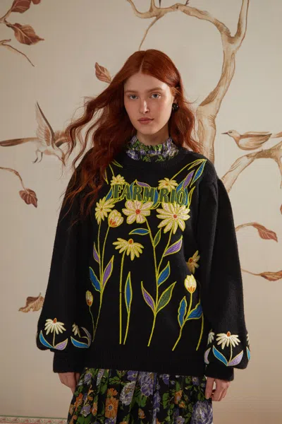 Farm Rio Black  Flowers Embroidered Knit Sweater