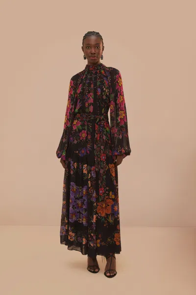 Farm Rio Active Black Floral Scarves High Neck Maxi Dress In Floral Scarves Black
