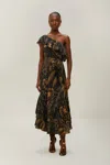 Farm Rio Active Black Golden Foliage One-shoulder Maxi Dress In Golden Foliage Black