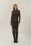 Farm Rio Active Black Golden Foliage Tulle Midi Dress In Golden Foliage Black