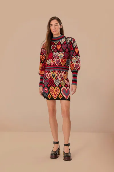 Farm Rio Active Black Hearts Ikat Knit Sweater In Multi