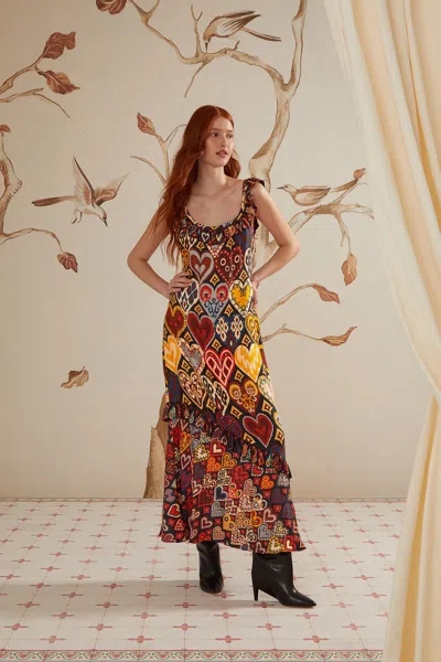 Farm Rio Black Hearts Ikat Lenzing Ecovero Viscose Maxi Dress In Hearts Ikat Black