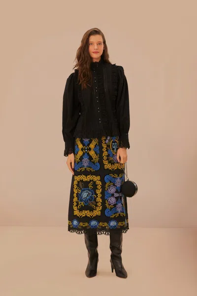 Farm Rio Black Lace And Pleat Blouse