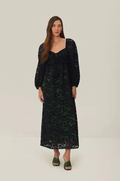 Farm Rio Active Black Lace Long Sleeve Midi Dress