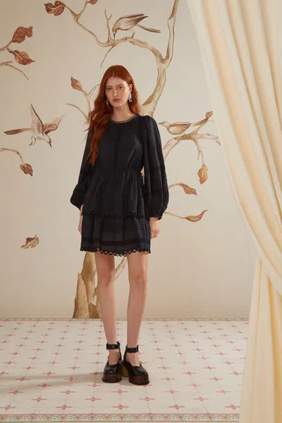 Farm Rio Black Lace Long Sleeve Mini Dress