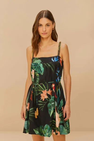 Farm Rio Active Black Midnight Macaw Fiesta Lenzing Ecovero Euroflax Mini Dress In Midnight Macaw Fiesta Black