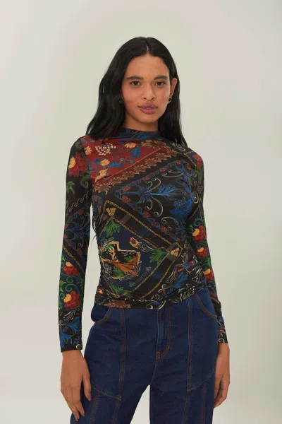 Farm Rio Black Mixed Arabesque Scarves Jersey Blouse