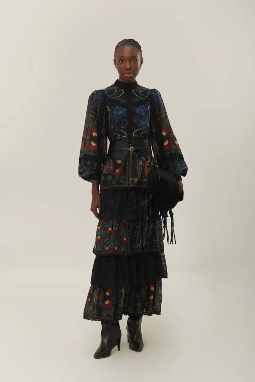black mixed arabesque scarves long sleeve maxi dress Farm Rio Mini Wrap Dress Women L Black Floral Mixed Arabesque Scarves Long  Slv