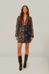 Farm Rio Active Black Mixed Arabesque Scarves Long Sleeve Mini Dress In Mixed Arabesque Scarves Black