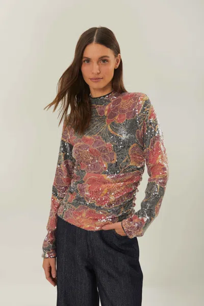 Farm Rio Black Shiny Chita Tulle Sequins Blouse In Multi