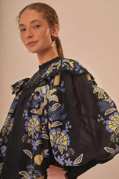 Farm Rio Black Stitched Garden Blouse