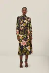 Farm Rio Active Black Surreal Flowers High Neck Midi Dress In Surreal Flowers Black