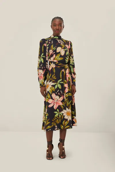 Farm Rio Active Black Surreal Flowers High Neck Midi Dress In Surreal Flowers Black