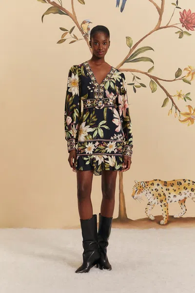 Farm Rio Active Black Surreal Flowers Long Sleeve Mini Dress In Surreal Flowers Black