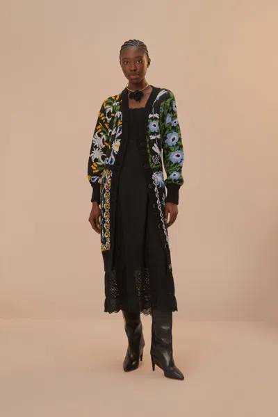 Farm Rio Black Winter Garden Knit Midi Cardigan