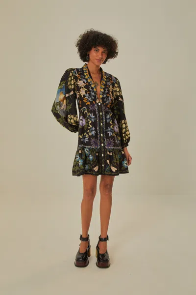 Farm Rio Black Winter Garden Mini Dress Long Sleeves In Winter Garden Black