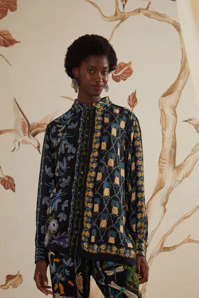 Farm Rio Black Winter Garden Pajama Shirt In Multi