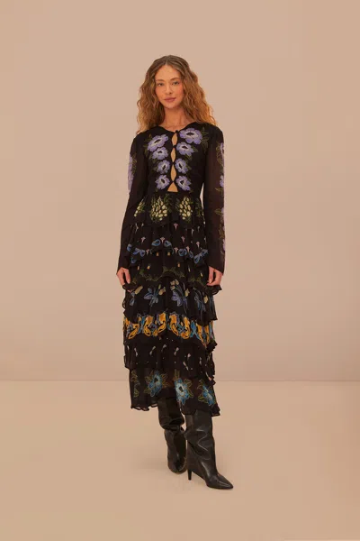 Farm Rio Black Winter Garden Ruffle Maxi Dress In Winter Garden Black