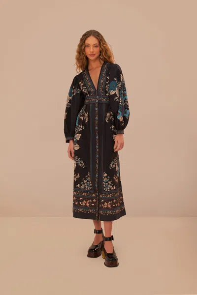Farm Rio Active Blossom Tapestry Black Midi Dress