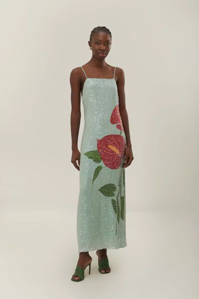 Farm Rio Blue Anthurium Flowers Slip Maxi Dress In Anthurium Flowers Blue