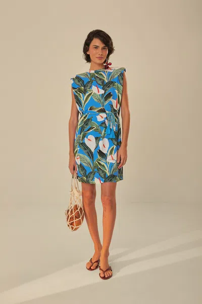 Farm Rio Blue Anthurium Garden Organic Cotton Mini T-shirt Dress In Anthurium Garden Blue