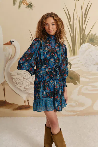 Farm Rio Active Blue Arabesque Floral High Neck Mini Dress In Arabesque Floral Blue