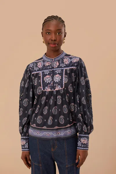 Farm Rio Paisley-print Guipure Lace And Cotton-voile Blouse In Blue