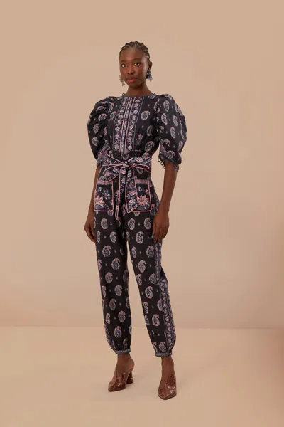 Farm Rio Blue Ayla Short Sleeve Jumpsuit In Black