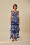 Farm Rio Blue Flower Richelieu Euroflax Premium Linen Midi Dress In Navy Blue
