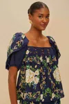 Farm Rio Active Blue Flower Tapestry Yoke Blouse