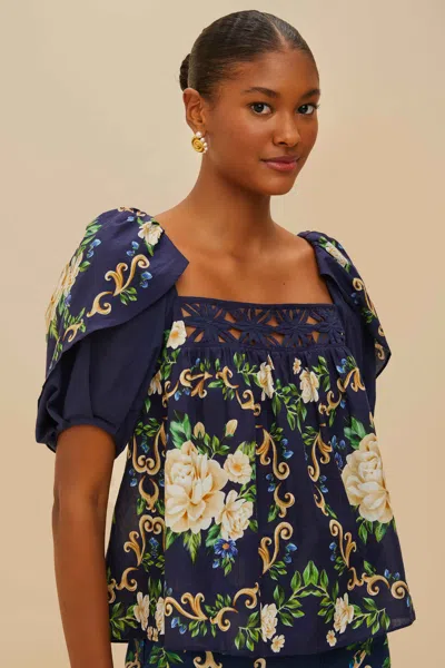 Farm Rio Active Blue Flower Tapestry Yoke Blouse