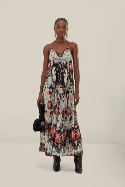 Farm Rio Active Blue Flowing Beauty Pleated Sleeveless Midi Dress In Flowing Beauty Blue
