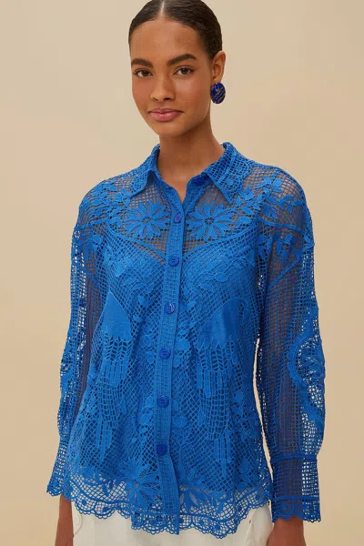Farm Rio Active Blue Landscape Guipure Collared Shirt
