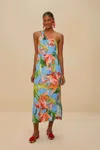 Farm Rio Active Blue Lily Bloom Euroflax Premium Linen Midi Dress