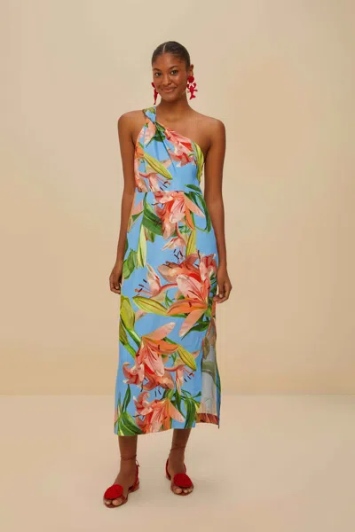 Farm Rio Active Blue Lily Bloom Euroflax Premium Linen Midi Dress