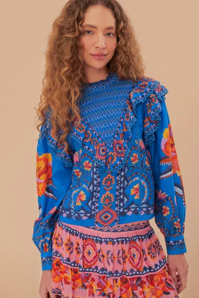 Farm Rio Ruffled Smocked Printed Cotton-voile Blouse In Blue