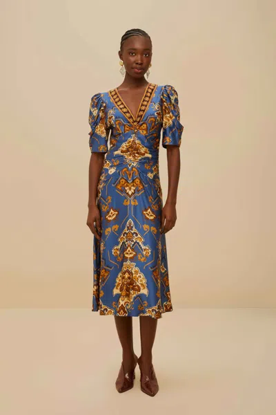 Farm Rio Blue Ornament Floral Midi Dress